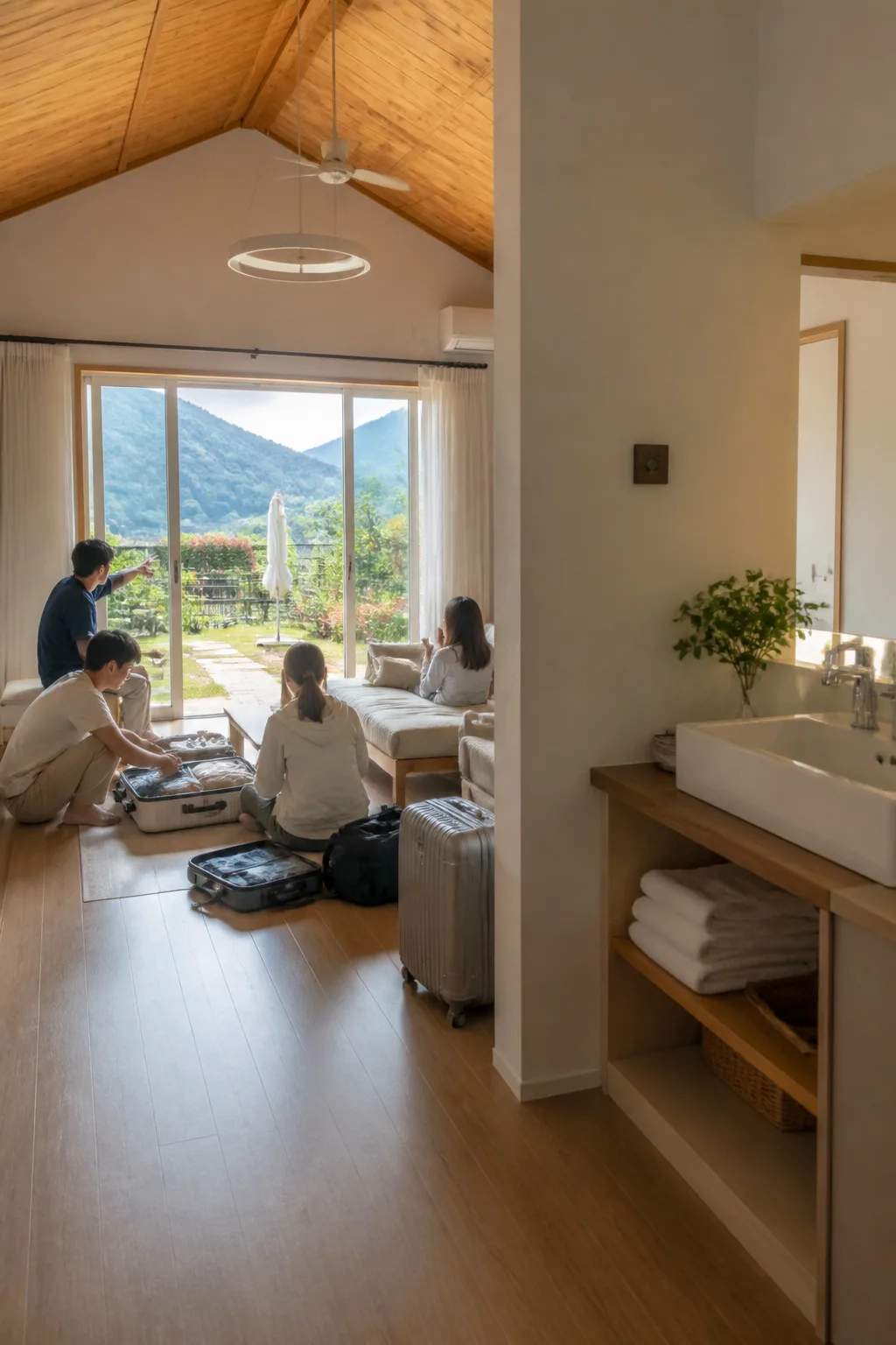 가족과 친구 일행이 머무는 청주펜션의 넓은 거실과 세면 공간