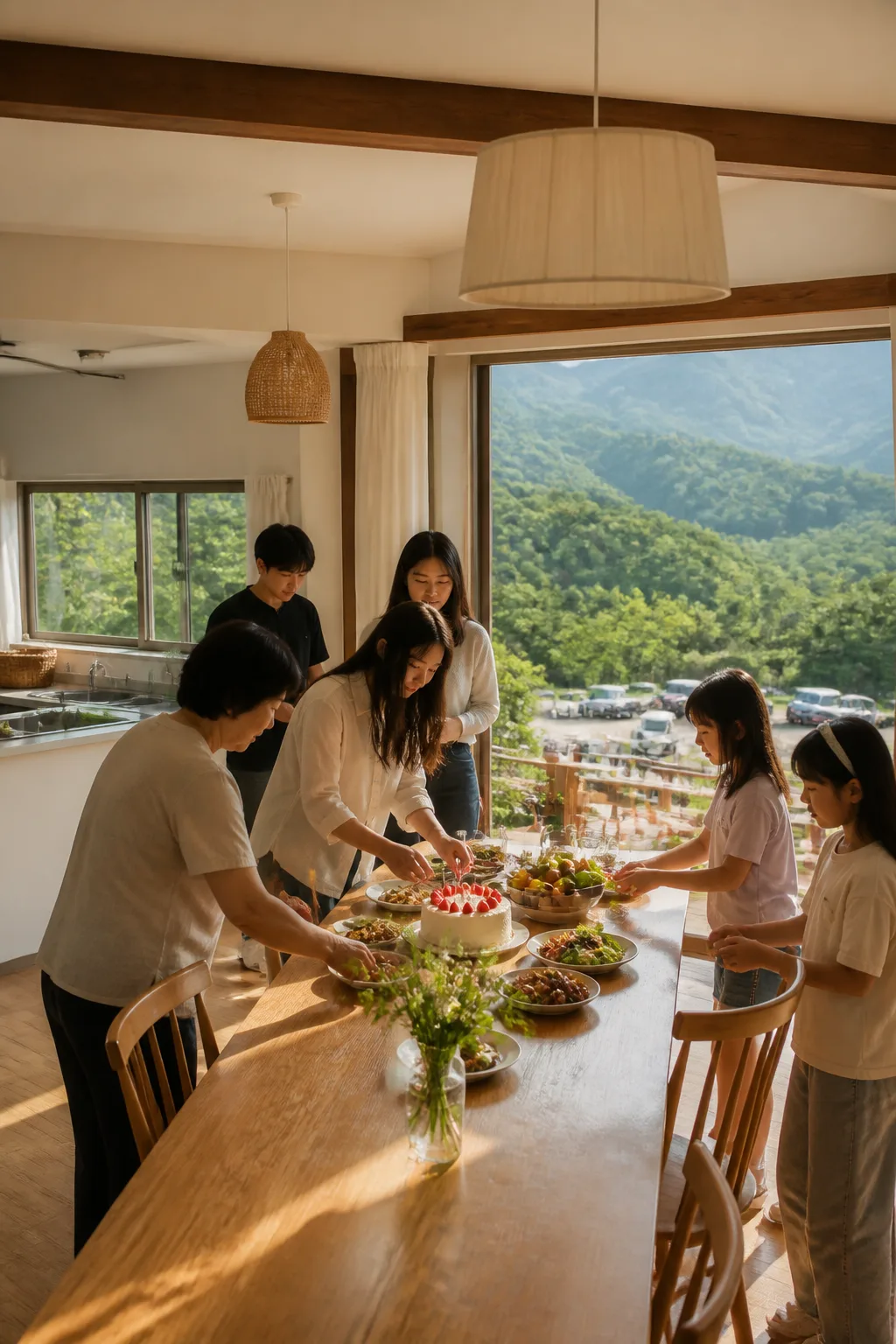 청주펜션 공용공간에서 가족과 친구들이 기념일 식사를 준비하는 모습