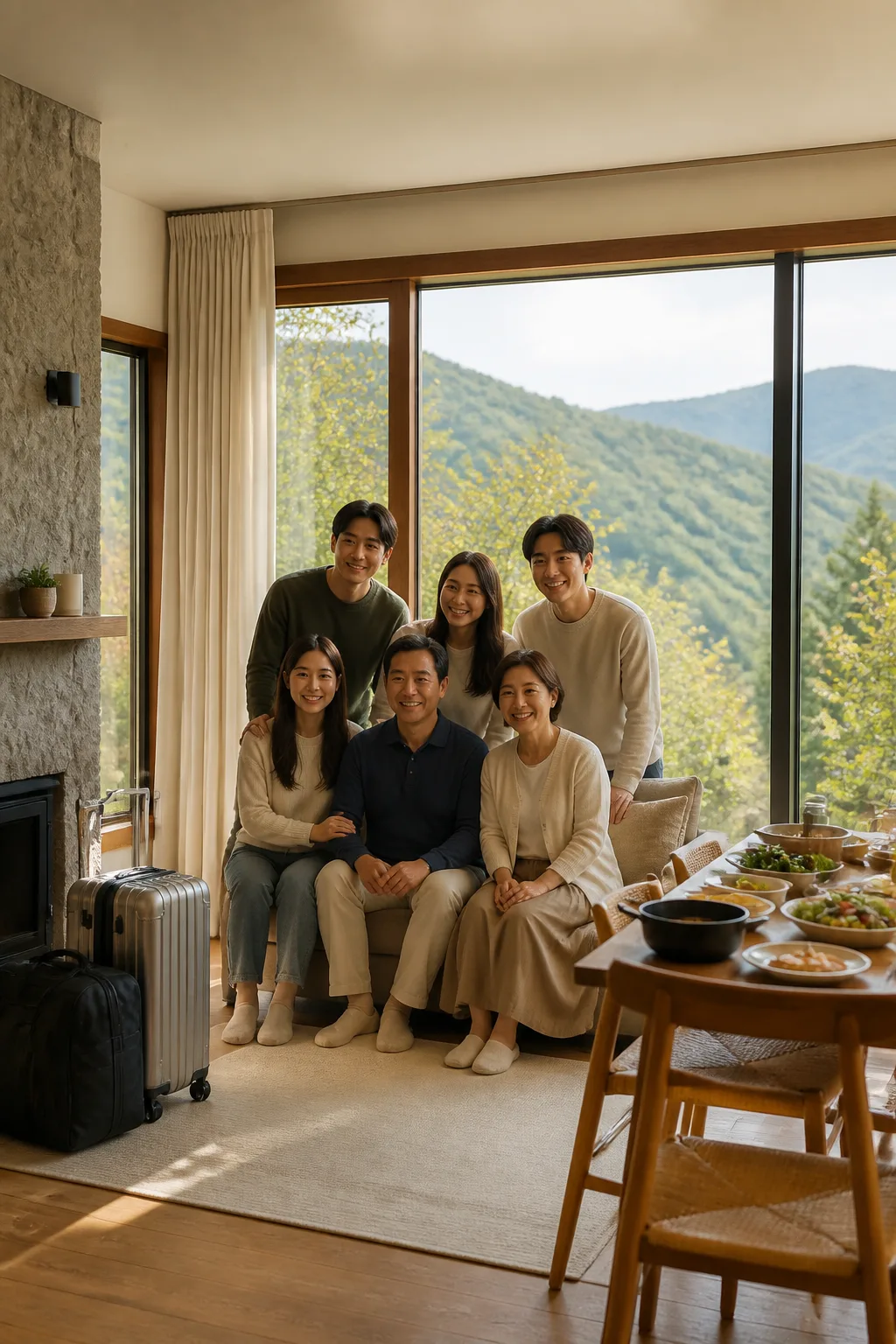 청주펜션 거실에서 가족과 친구들이 함께 기념사진을 준비하는 모습