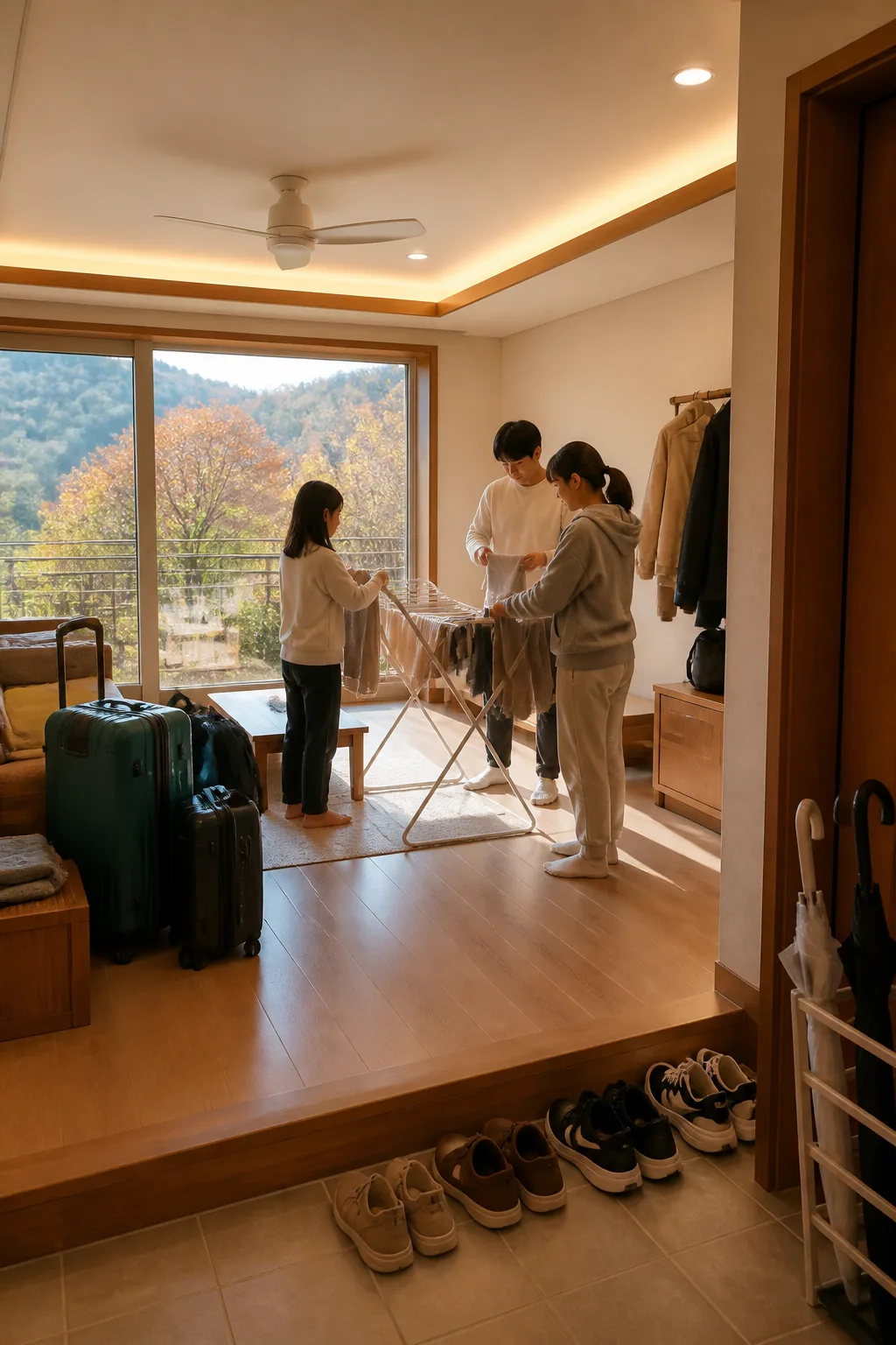 청주펜션 거실에서 가족과 친구들이 여행 가방과 젖은 외투를 정리하는 모습