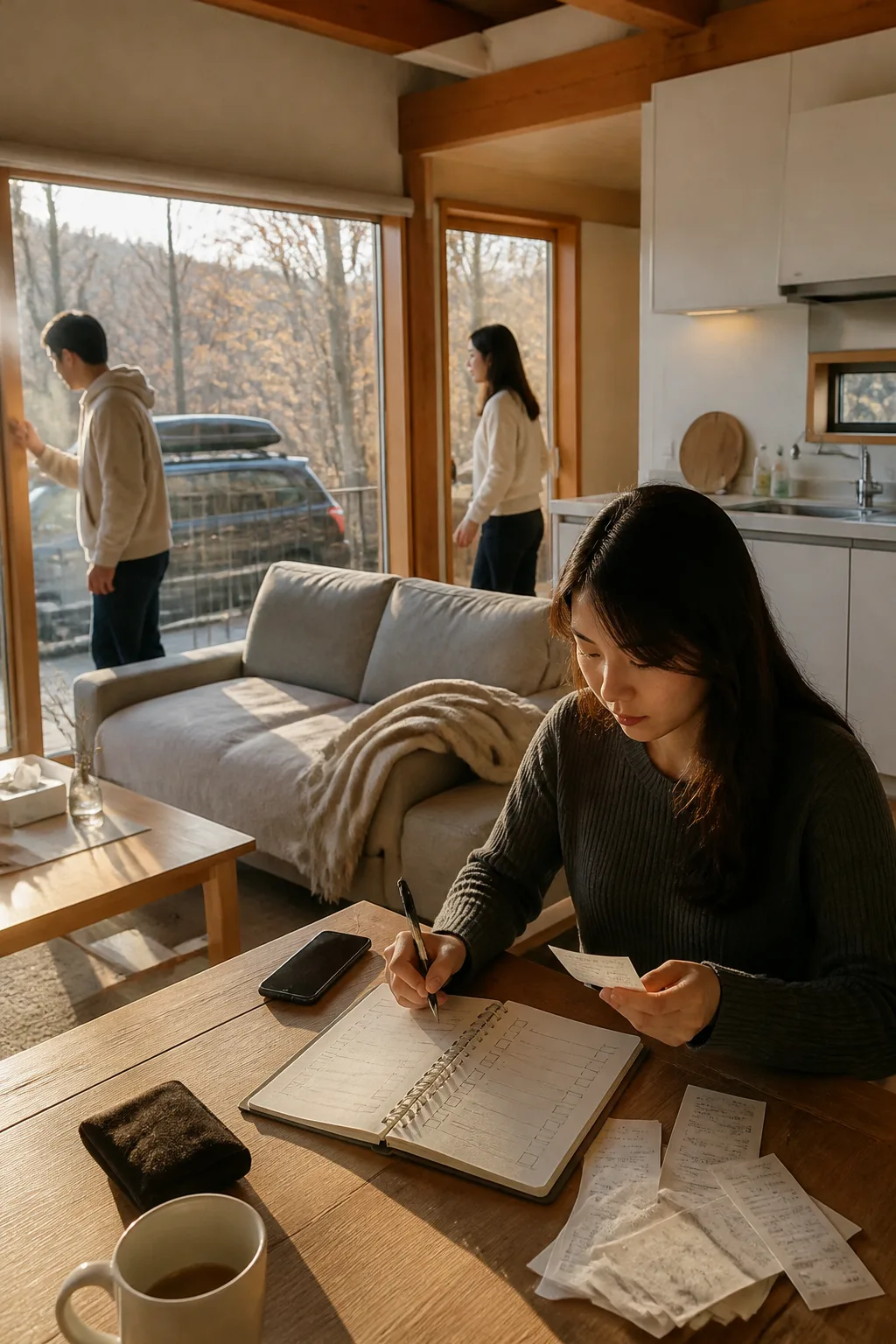 청주펜션에서 가족과 친구들이 퇴실 전 객실과 비용을 확인하는 모습