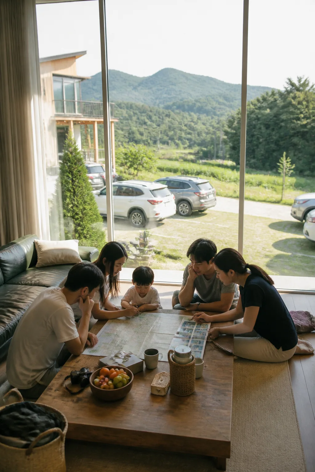 청주펜션에서 가족과 친구들이 도심과 근교 여행 동선을 비교하는 모습