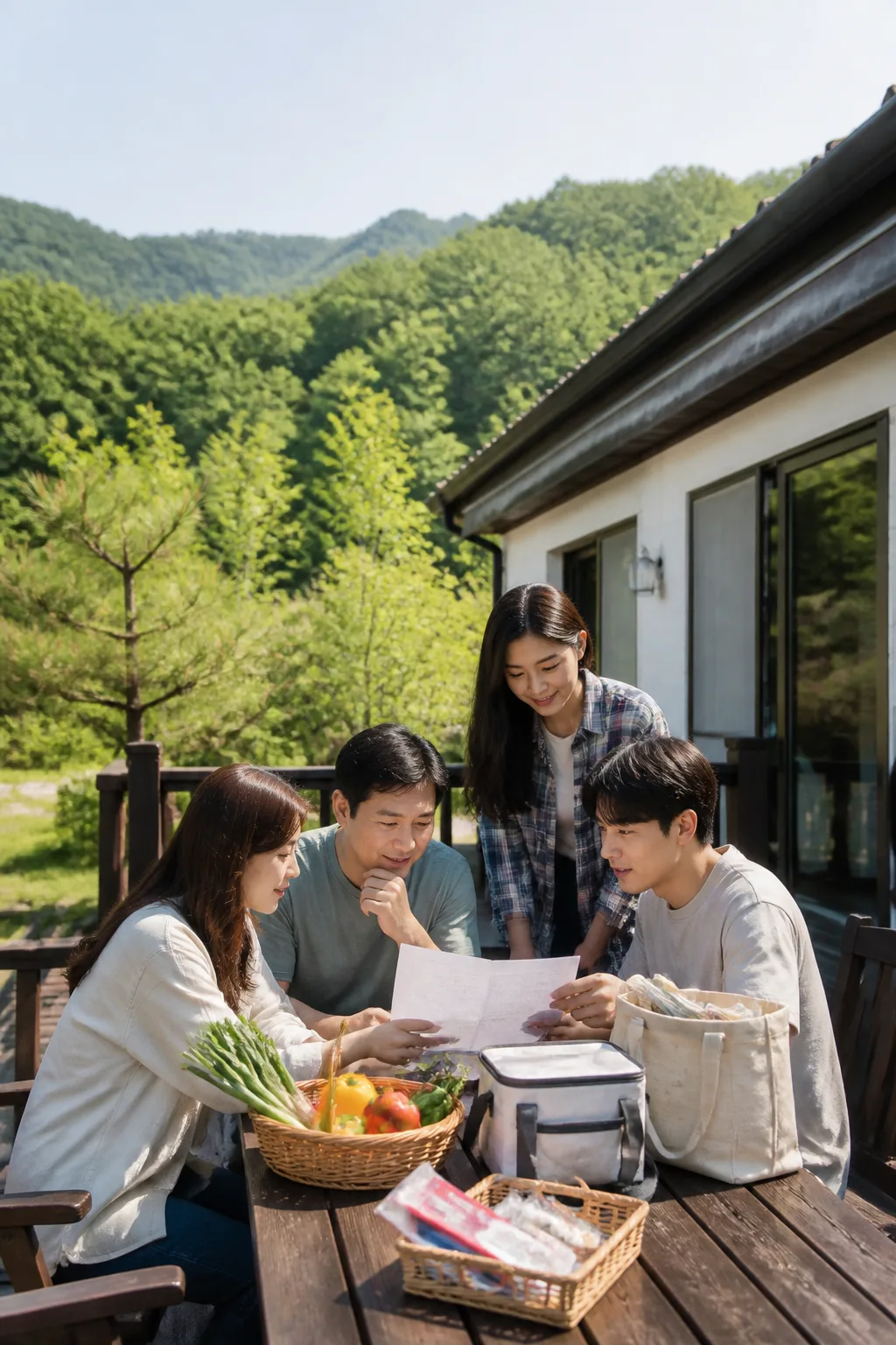 청주펜션 테라스에서 가족과 친구들이 여행 비용과 일정을 함께 확인하는 모습