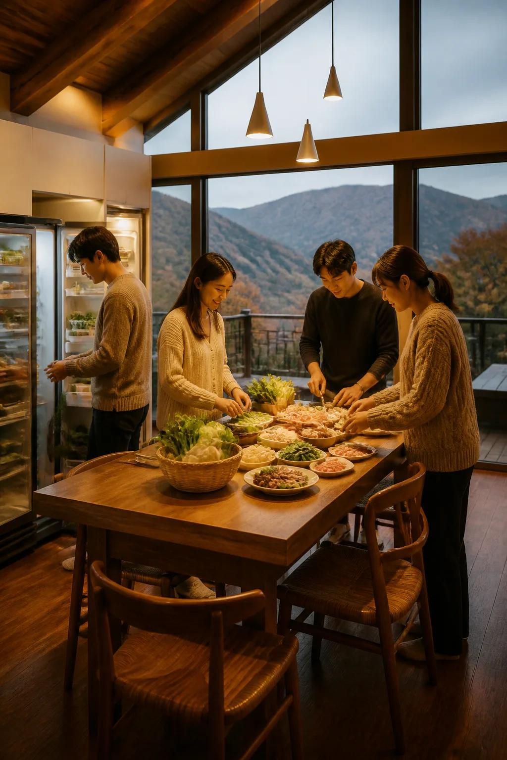 청주펜션 주방에서 가족과 친구들이 식재료를 정리하고 모임 식사를 준비하는 모습
