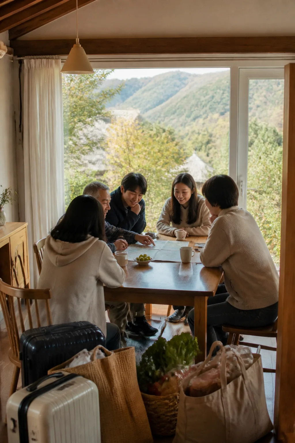 청주펜션 거실에서 가족과 친구들이 식사와 여행 일정을 함께 준비하는 모습